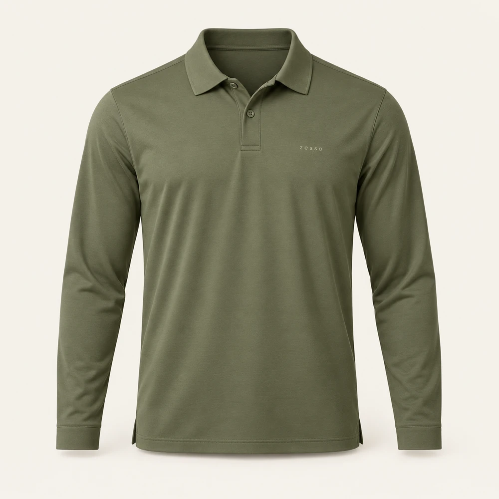 Grove Long Sleeve Polo in Moss, front view